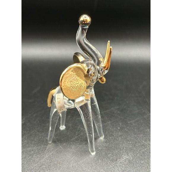 Other - Clear Glass Elephant 24k Gold Trim Hand Blown Art Glass Ornament Figurine Decor